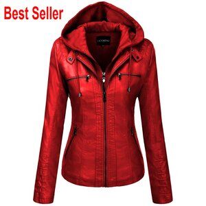 Faux Leather Moto Jacket with Detachable Hood, Slim Fit Biker Coat